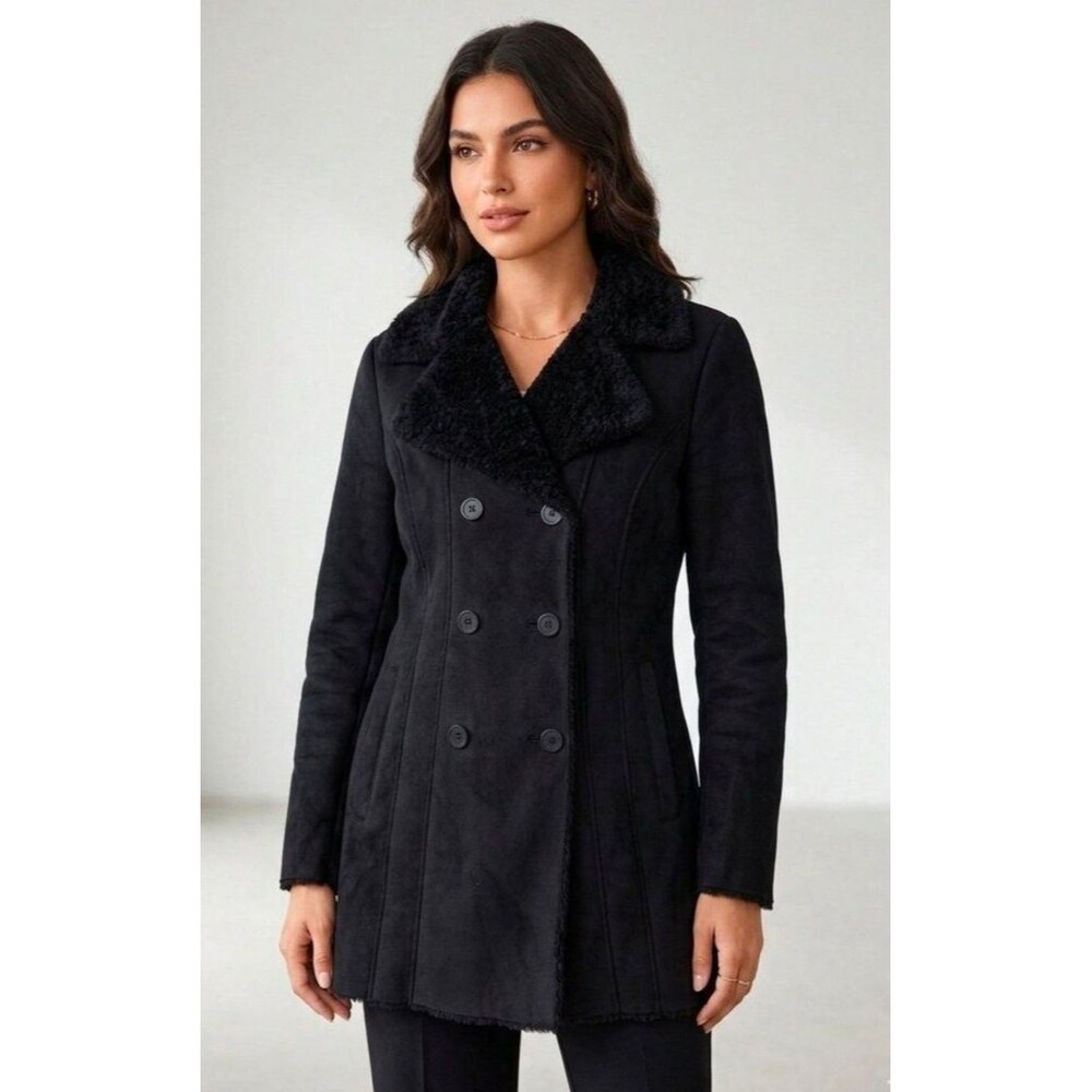 New York & Company Faux Suede & Shearling Double-Breasted Coat - Size S
